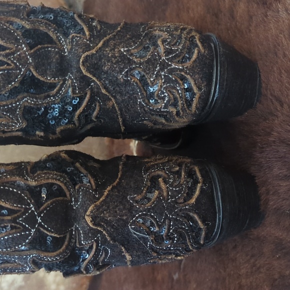 CORRAL R1152 distressed dark brown leather & black sequins cowgirl boots sz 7 - Picture 9 of 16